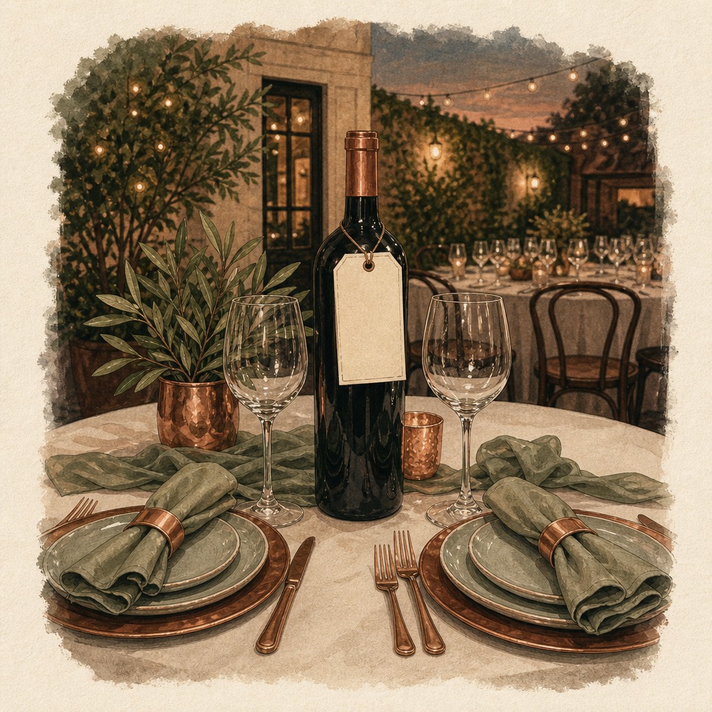 Original illustration of a BYOB bottle tag and private party table setting
