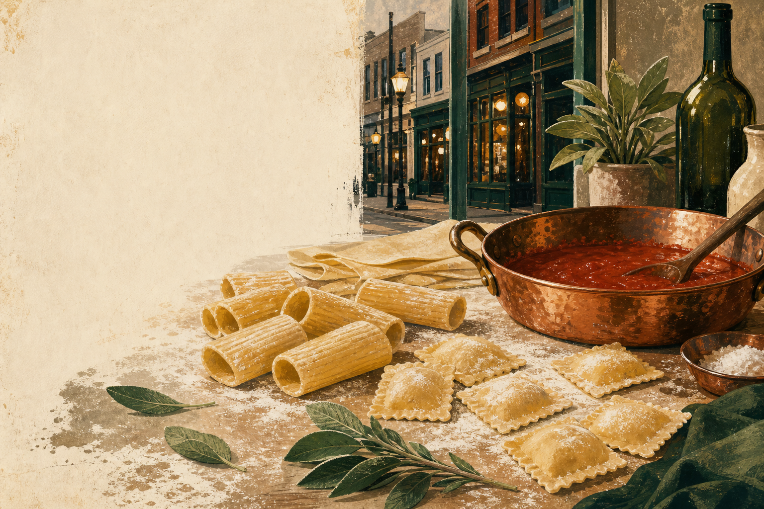 Original illustration of a pasta prep bench with copper pan, sage, rigatoni, ravioli, and a Main Street storefront hint