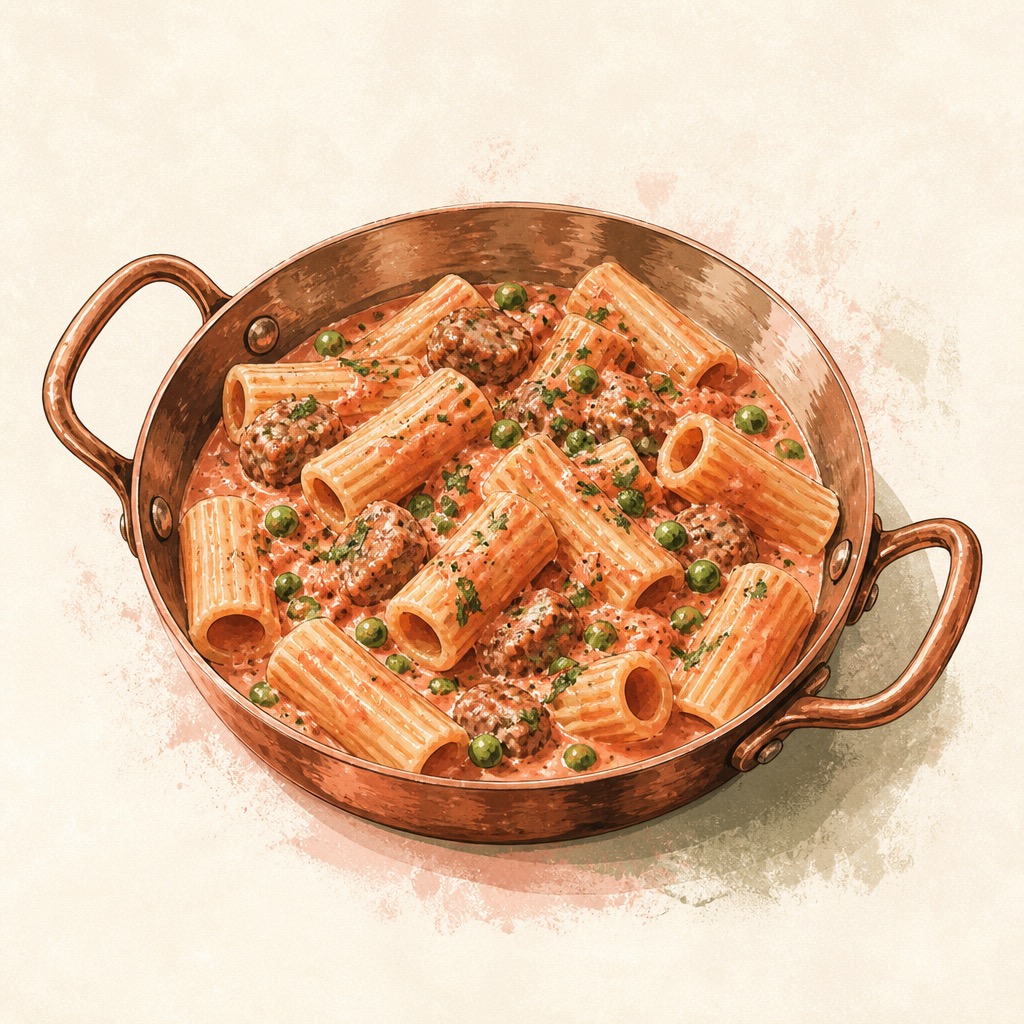 Original illustration of rigatoni with peas and pink sauce in a copper pan